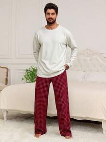 DAZY Solid Color White T-Shirt Paired With Plaid Pants Men's Loungewear Set, Spring/Autumn - Multicolor - View 8