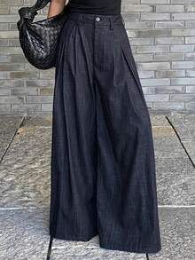 DAZY Women's Elegant Wide Leg Pants, Loose Solid Color Formal Trousers, Spring/Autumn Y2k - Blue - View 6
