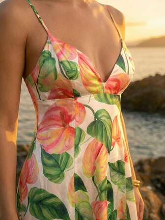 CAJUNI Women's Casual Vacation Red Palm Turtle Back Bamboo White, Pink, Green Spaghetti Strap V-Neck Flowy Dress, Suitable For Dates, Outings