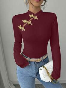 Elenzga Women's Elegant Cheongsam Collar Chinese Button Decor Long Sleeve T-Shirt, Women Tops For Spring