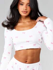 MISSGUIDED 罗纹针织长袖露脐上衣和配套长裤家居服套装，粉色蝴蝶结印花图案，舒适休闲 - 白色 - 查看 5