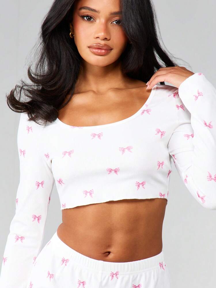 MISSGUIDED Ensemble de jogging avec haut court à manches longues côtelé et pantalon assorti avec motif imprimé nœud rose pour un confort de détente