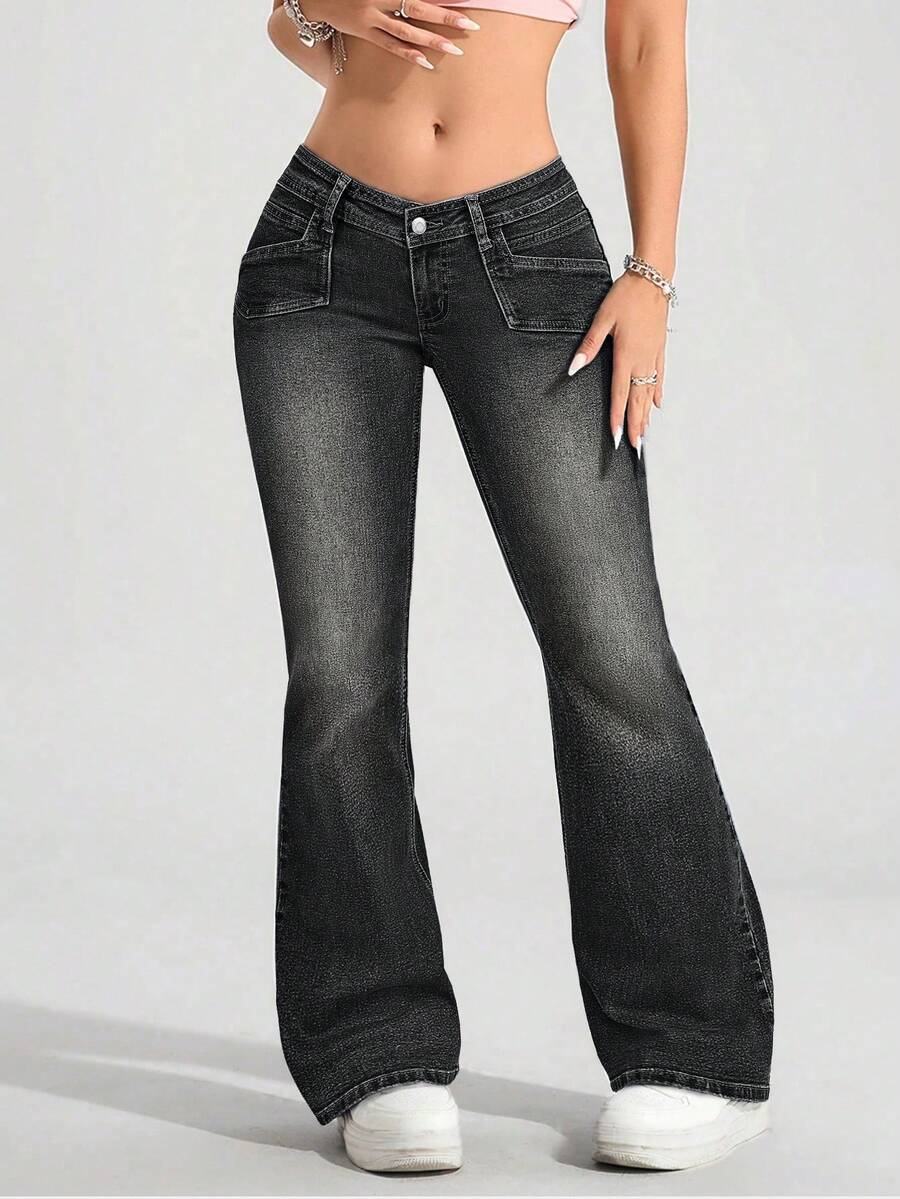 Rivivi Women's Low Waist Fitted Retro Versatile Flare Leg Jeans - Black - View 1