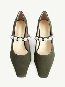 CUCCOO CHICEST Women's Vintage Elegant Suede Pumps With Pearl, Rhinestone Chain Strap, Square Toe, Block Heel, Suitable For Formal Occasions, Parties, Christmas, New Year, Green - Green - View 9