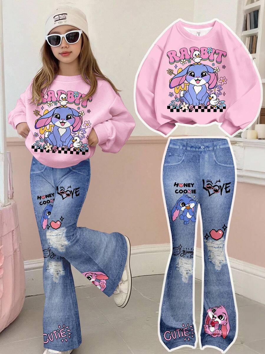 SHEIN Bộ 2 món áo nỉ cổ tròn rộng mềm mại thoải mái họa tiết graffiti đường phố và quần ống loe dày, phù hợp mặc hàng ngày mùa thu/đông, phong cách đường phố, trường học, gia đình - Nhiều màu - Xem 1