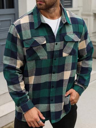 Manfinity Plus Size Men's Plaid Pocket Turndown Collar Single-Breasted Casual Commuter Long Sleeve Shirt