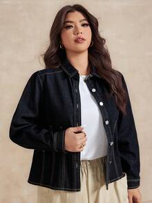 Dazy Plus 水洗黑色牛仔收腰衬衫式短款牛仔上衣长袖外套，春秋季 - 黑色 - 查看 7