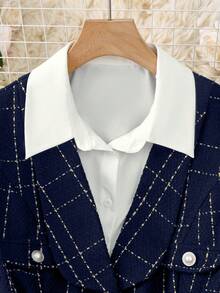 SHEIN Clasi Plus Size Tweed Patchwork Elegant 2 In 1 Dress For Women - Navy Blue - View 3