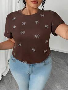 Elenzga Plus Size Women's Short Sleeve Rhinestone Embellished Bow Graphic T-Shirt - Brown - View 5