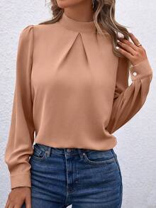 EMERY ROSE Women's Casual Everyday Office Commute Solid Color Stand Collar Lantern Sleeve Loose Blouse, Spring/Autumn - Orange - View 3