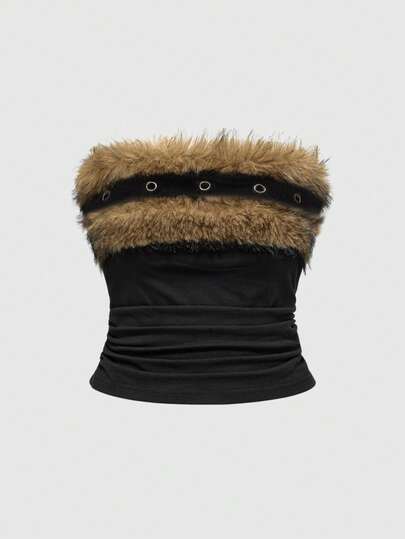 Grunge Punk Top corto con estampado animal y hebilla, con cuello de piel sintética, para mujer talla grande