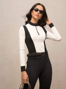 Activina Women's Equestrian Jacket With Contrast Zipper And Half Placket, Long Sleeve - Black and White - View 6