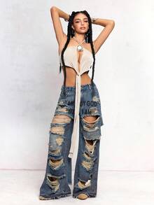 ROMWE J-Fashion Quần jean nữ dáng rộng in họa tiết graffiti cỡ lớn - Nhiều màu - Xem 7