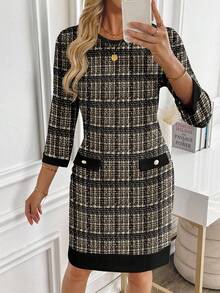 EMERY ROSE Đầm ngắn vải tweed kẻ caro dành cho nữ, kiểu dáng công sở thanh lịch, phù hợp cho mùa thu/đông, phong cách thường ngày. - Nhiều màu - Xem 6