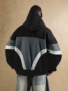 SUMWON Oversized Color Block Hoodie With Drawstring Contemporary Urban Streetwear Fall Winter Casual Wear Long Sleeve Sweatshirt With Centre Pocket Plain - Black and White - View 2
