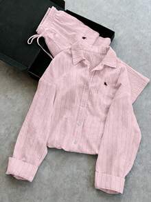 Franclia Women's Casual Striped Embroidered Sun Protection Shirt And Loose Pants 2 Pieces Set, Summer - Dusty Pink - View 4