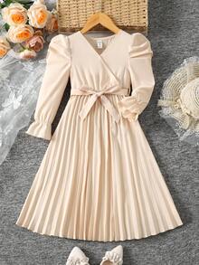 SHEIN Serisse Kids 女童休闲泡泡袖长袖荷叶边V领褶皱长连衣裙，小女孩春季长袖连衣裙 - 杏色 - 查看 14