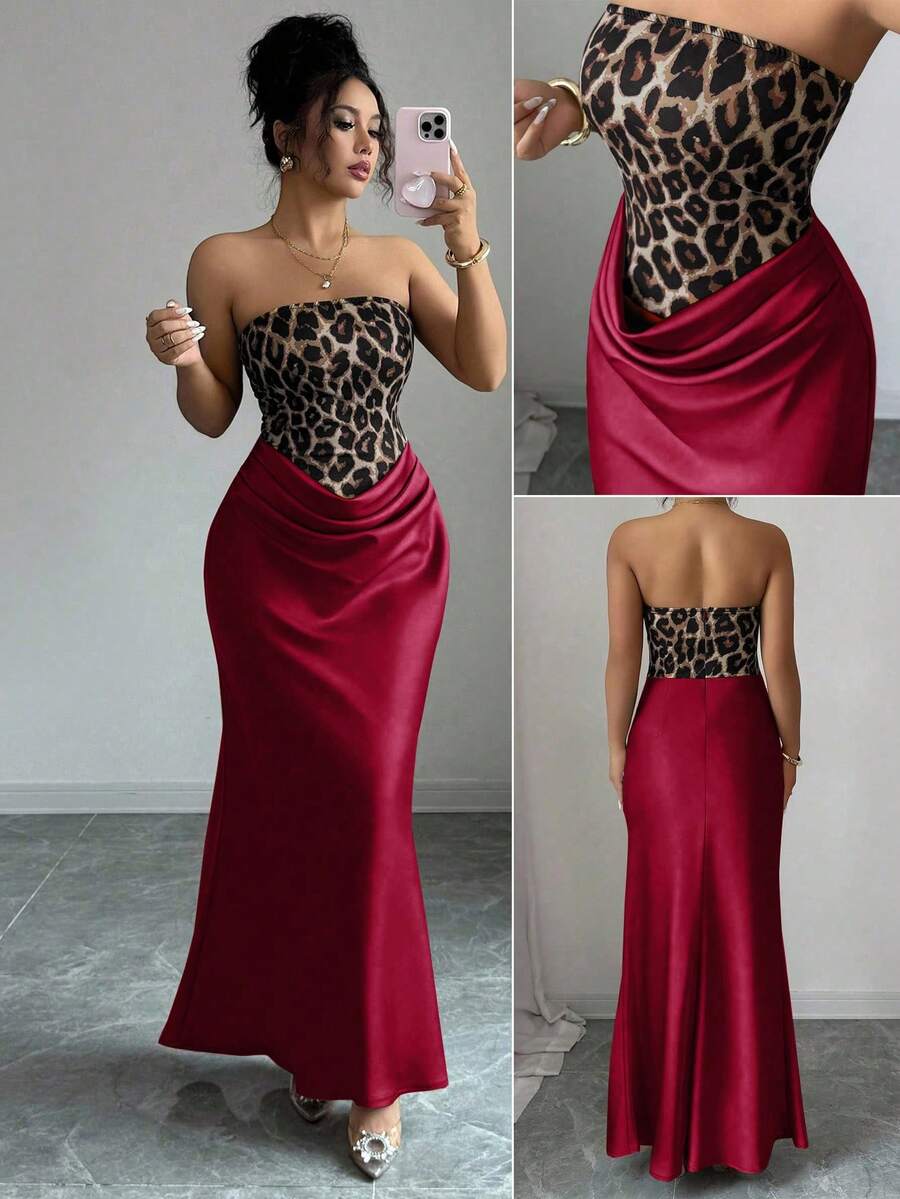 Elenzga 豹纹无袖紧身连衣裙，优雅迷人的女士万圣节服装 - 酒紅色 - 查看 1