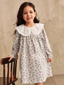 SHEIN Elladie kids 1pc Girls Young Girl Ditsy Floral Loose Fit Long Sleeve Dress, Elegant Collar Flower Design, Casual Versatile Dress For Autumn Fall Winter - Apricot - View 3