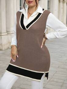 Elenzga Plus Size Women V-Neck Casual Versatile Back To School Party Knitted Vest - Khaki - View 5