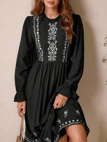 LanaWest Đầm Maxi Dài Tay Cổ Tròn Viền Ren Viền Xếp Ly Màu Nâu Mới Cho Nữ, Dáng Chữ A, Cổ Điển, Thêu Viền Phồng, Phong Cách Bohemian Thường Ngày, Thu/Đông - màu đen - Xem 3