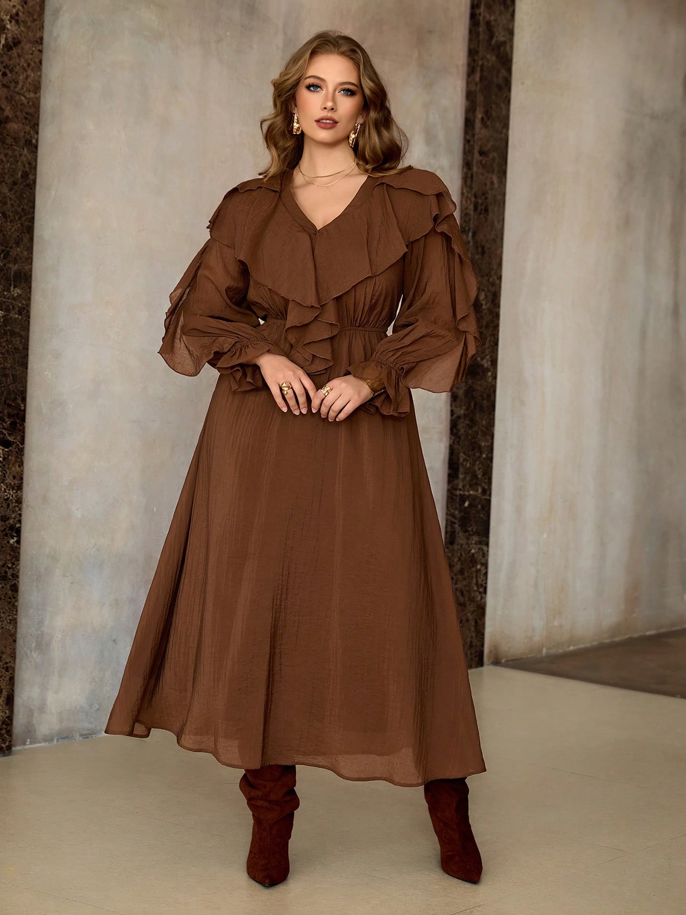 Roveilla فستان طويل بأكمام طويلة وخصر مربوط بشكل A...