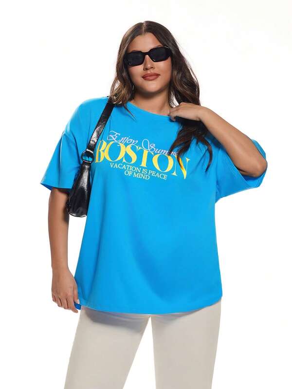 Solavibe Plus Size Women Slogan Print Round Neck Drop Shoulder Short Sleeve Casual T-Shirt,Vacation, Graphic Tee
