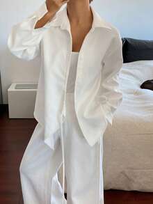 DAZY Women's Lapel Side Tie Loose Open Front Casual Shirt Long Sleeve - White - View 4