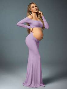 MaterniChic 1 Set Maternity Off-Shoulder Long Sleeve Top And Elastic Waist Mermaid Skirt, Suitable For Photoshoot, Black - Purple - View 4