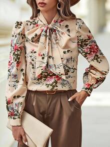 SHEIN Clasi Floral Print Tie Neck Puff Sleeve Blouseelegantcasualgraphic - Multicolor - View 1
