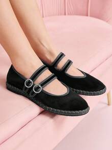 CUCCOO DOLLMOD 女士黑色优雅天鹅绒经典舒适天鹅绒平行双带玛丽珍平底鞋 - 黑色 - 查看 2