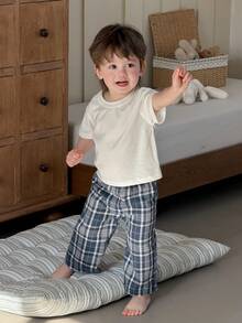 Dazy Kids 2pcs Toddler Boys' Round Neck Short Sleeve Top And Plaid Casual Pants Comfortable Pajama Set - Blue - View 8