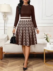 SHEIN Lady 女士时尚优雅撞色印花中长连衣裙 - 酒紅色 - 查看 3