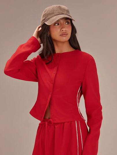 Athîral Women's Casual Crew Neck Single-Breasted Long Sleeve Tee, Casual Street Wear Top For Winter, Red Knitted Waffle Fabric, Red Top For Women, New Year ,Christmas Looks, Valentine's Day