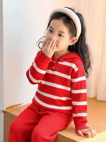 SHEIN Young Girls Casual Blue & White Striped Hooded Sweater And Pants Set School Tops Young Girl Clothes Kids Girl Outfit Cute Tops Graphic Tees Girls Sweater Sets Girls Knit Set Winter Young Girls Sets Young Girls Striped Knit Set Young Girl Knit Set Winter Girls Sets Girls Hooded Sweater Set Fall - Multicolor - View 2