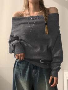 DAZY Women's Off-Shoulder Loose Regular Knit Sweater Y2k - Grey - View 1