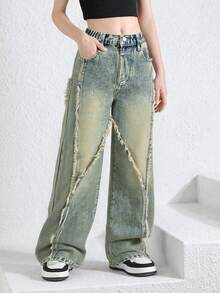 SHEIN ChillGRL 少女Y2K休闲复古水洗宽松喇叭牛仔裤，松紧腰带，柔软棉质牛仔面料，做旧质感，适合休闲、街头风、日常穿搭、城市漫步、OOTD（每日穿搭），2025新款 - 淺色水洗藍 - 查看 3