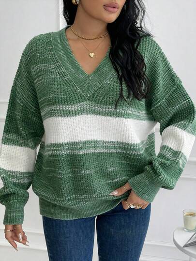 Pulover de damă mărime mare, cu dungi, decolteu în V, umeri căzuți, mânecă lungă, casual, lejer, toamnă/iarnă