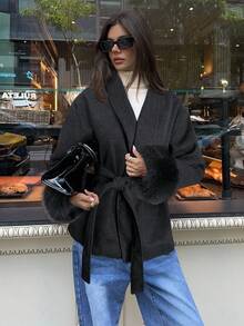 Aloruh Áo khoác len pha trộn thời trang thu/đông cho nữ, cổ áo choàng, chắp vá, cổ tay bằng lông nhân tạo - Màu xám đen - Xem 3