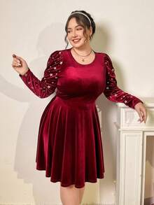 SHEIN Essnce Plus Size Women's Autumn And Winter Fashion Casual High Elastic Comfortable Waist Short Dress, Mother And Children's Clothes,Christmas Outfit For Women,New Year Clothes - Red - View 4