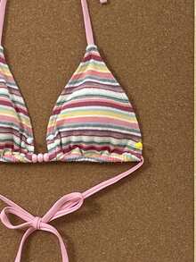 Vaytide 女士三件套串珠比基尼套装：纹理多色条纹面料，浅粉色，时尚休闲度假甜美风格挂脖比基尼上衣和泳裤 - 彩色 - 查看 7
