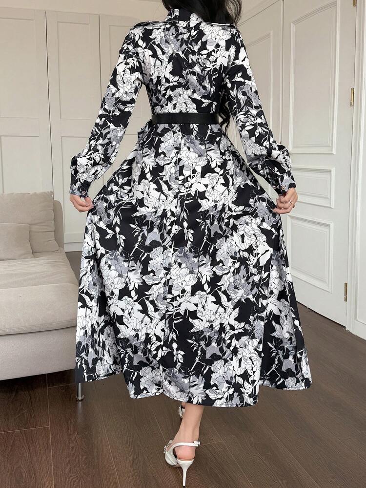 Women's Floral Print Long Sleeve Elegant Mid-Length Dress, Navy Blue, Spring/Summer/Autumn Vacation Outfits Women Boho