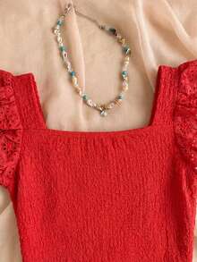 SHEIN Tween Girls' Casual Vacation Home Patchwork Embroidery Lace Trim Textured Knit Fitted Cropped Square Neck T-Shirt Top, White - Red - View 5