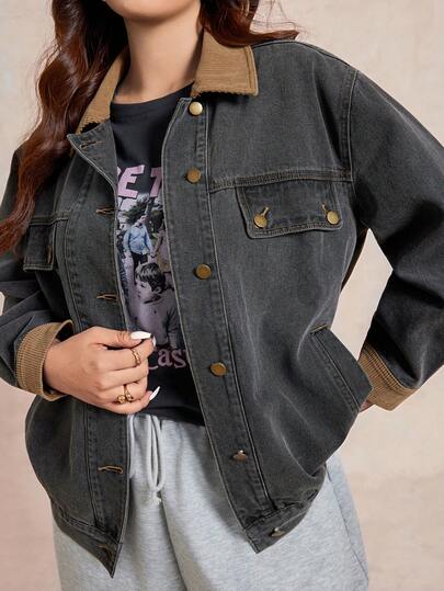 Dazy Plus Plus Size Women Casual Colorblock Lapel Pockets Loose Denim Jacket, Street Style, Autumn/Winter