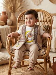 SHEIN Baby Boy Beige Summer Cute Birthday Outfit Moon Print T-Shirt,Pants,Vest & Bag Full Set,Arabic Islamic Clothing Saudi Traditional Dress Party Wear - Multicolor - View 9
