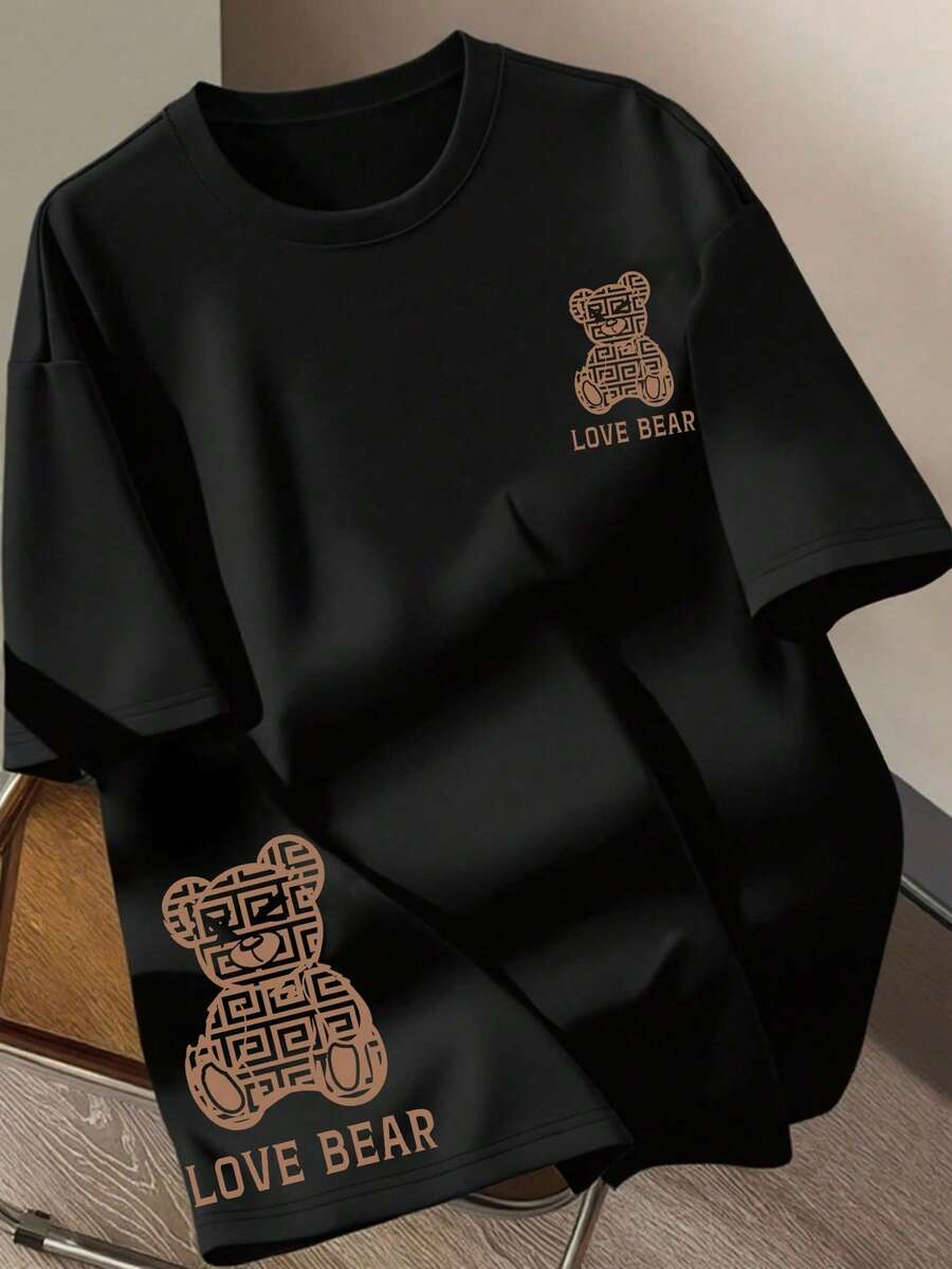 INAWLY 女士休闲字母卡通熊印花圆领短袖T恤 - 黑色 - 查看 1