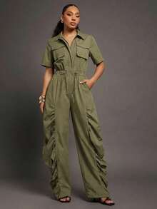Vixey Ruched Wide Leg Drawcord Waist Woven Utility Jumpsuit - Green - View 2