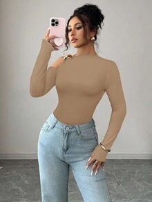 秋季新款修身镂空长袖T恤，黑色 - 駝色 - 查看 4