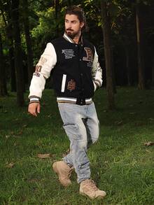 Logeqi® Hombres Chaqueta de béisbol informal vintage Abrigo acolchado grueso otoño/invierno vintage informal con Letras bordados y frases de 2 bolsillos inclinado sencilla de Color Negro y Beige - Negro - Ver 7