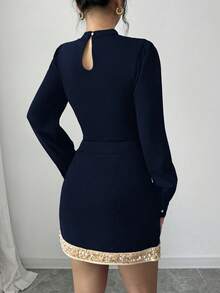 Selianne Women's Contrast Color Sequin Bow Decor Long Sleeve Top And Mini Skirt 2 Pieces Set - Navy Blue - View 2